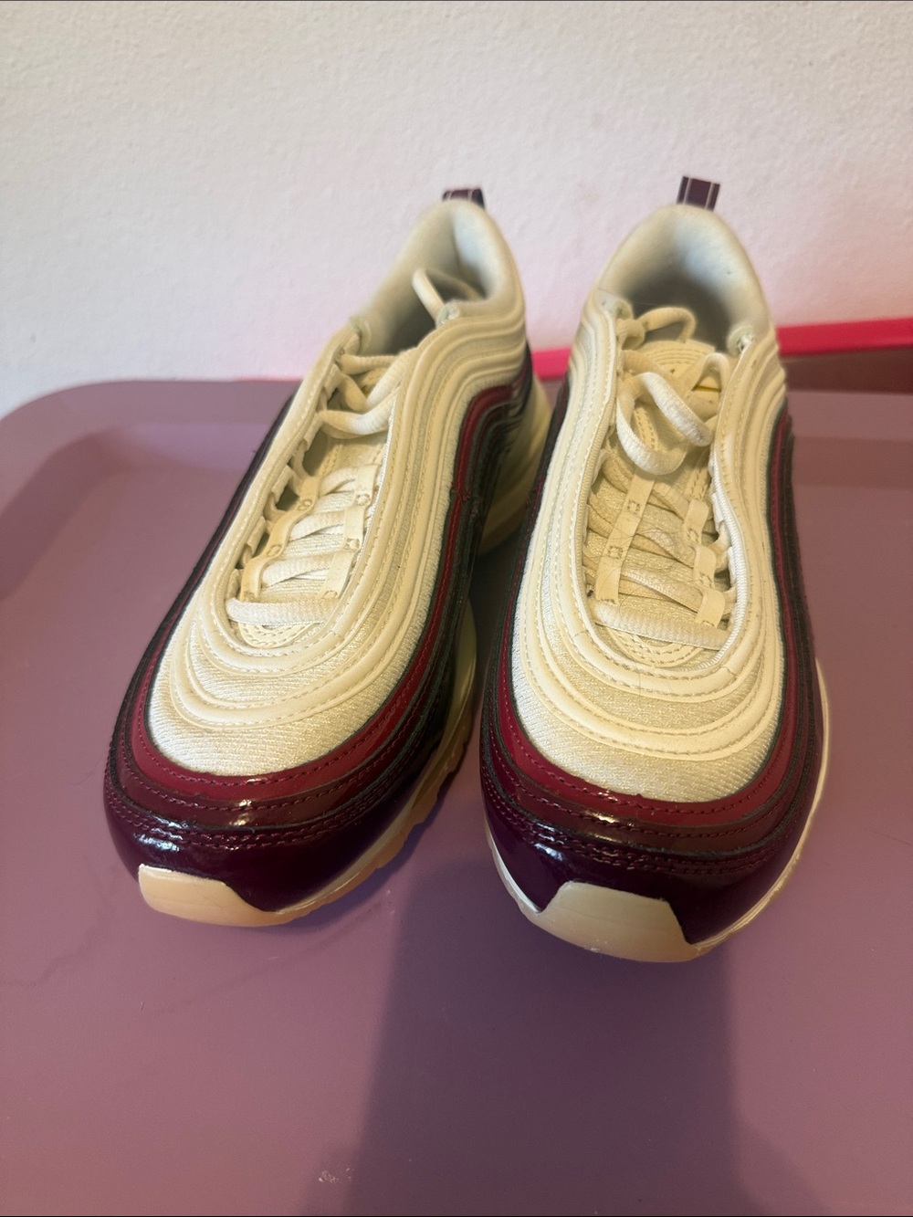 Nike Air Max 97 Sneakers - Cream & Burgundy with Red Swoosh - Picture 2 of 4